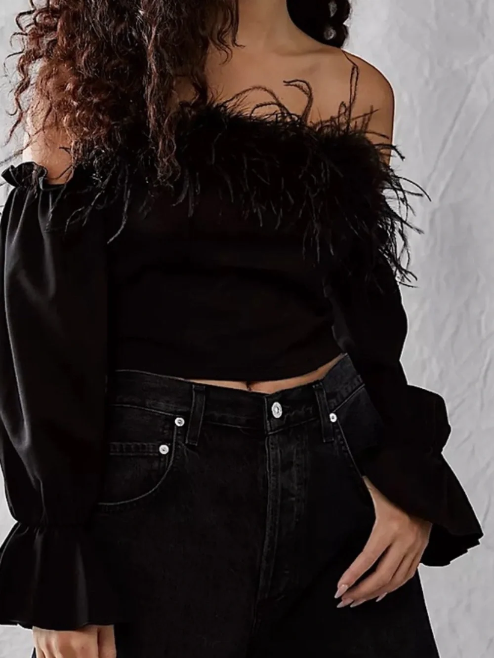 Free People Cocktail hour Feather-Trim off shoulder long Sleeve Crop Top size M